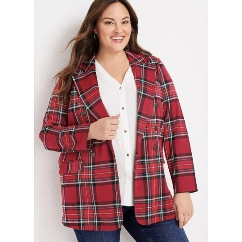 Maurices Red Plaid Blazer Jacket Plus Size 2X Double Breasted‎